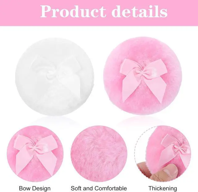Alt view image 3 of 7 - Large Fluffy Powder Pad, 2Pcs 3.5 Inch Body Dusting Puffs | 1.2in Thickened Fluffy Puffs,Washable Reusable Soft Body Powder Pad, Wet And Dry Dual Use, Powder Loose Puff, Cute Bow Handle