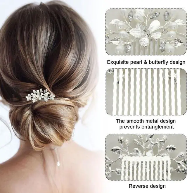 Alt view image 2 of 7 - Bridal Pearl Hair Comb Silver Wedding Hair Accessories with Butterfly Pearl | Wedding Bridal Hair Comb Pearl Hair Accessories for Bride and Bridesmaids (Silver)