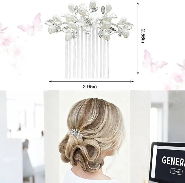 Alt view image 3 of 7 - Bridal Pearl Hair Comb Silver Wedding Hair Accessories with Butterfly Pearl | Wedding Bridal Hair Comb Pearl Hair Accessories for Bride and Bridesmaids (Silver)