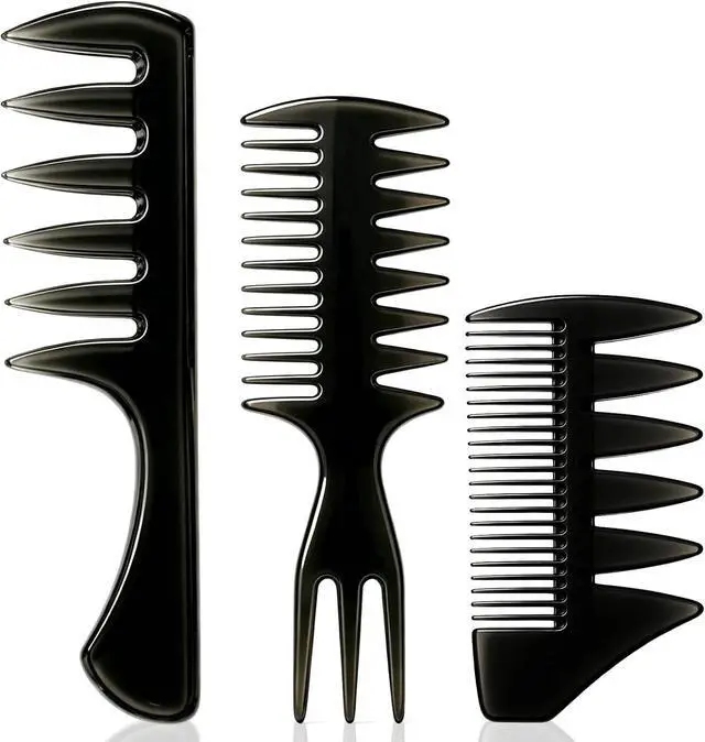 Main image of 3Pcs Hair Styling Combs Set for Men Black Barber Wide Tooth Texture Comb for Quiff, Pompadour, Slick Back, Fauxhawk, Undercut Fish Tail Bone Design Dual-Sided Grooming Kit