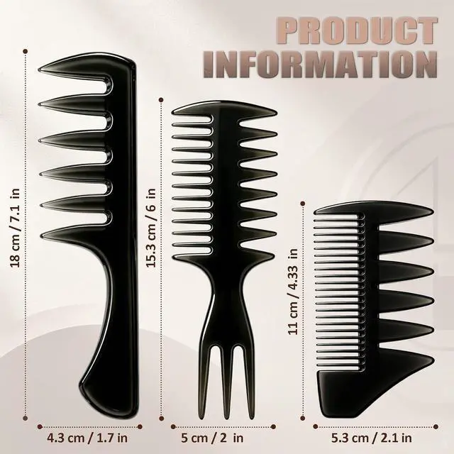 Alt view image 2 of 7 - 3Pcs Hair Styling Combs Set for Men Black Barber Wide Tooth Texture Comb for Quiff, Pompadour, Slick Back, Fauxhawk, Undercut Fish Tail Bone Design Dual-Sided Grooming Kit