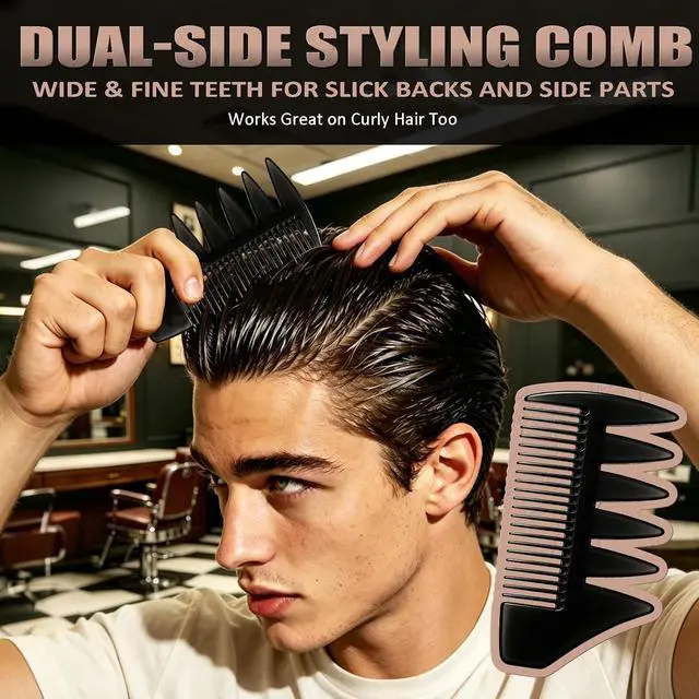 Alt view image 5 of 7 - 3Pcs Hair Styling Combs Set for Men Black Barber Wide Tooth Texture Comb for Quiff, Pompadour, Slick Back, Fauxhawk, Undercut Fish Tail Bone Design Dual-Sided Grooming Kit