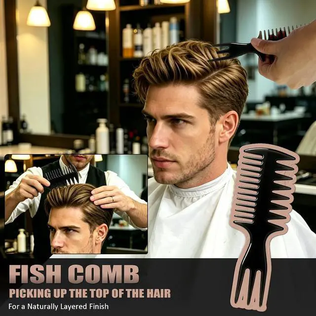 Alt view image 3 of 7 - 3Pcs Hair Styling Combs Set for Men Black Barber Wide Tooth Texture Comb for Quiff, Pompadour, Slick Back, Fauxhawk, Undercut Fish Tail Bone Design Dual-Sided Grooming Kit