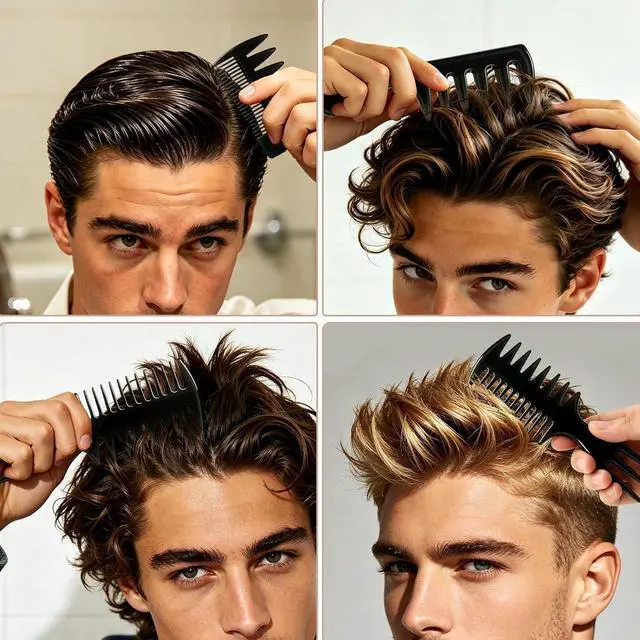Alt view image 7 of 7 - 3Pcs Hair Styling Combs Set for Men Black Barber Wide Tooth Texture Comb for Quiff, Pompadour, Slick Back, Fauxhawk, Undercut Fish Tail Bone Design Dual-Sided Grooming Kit