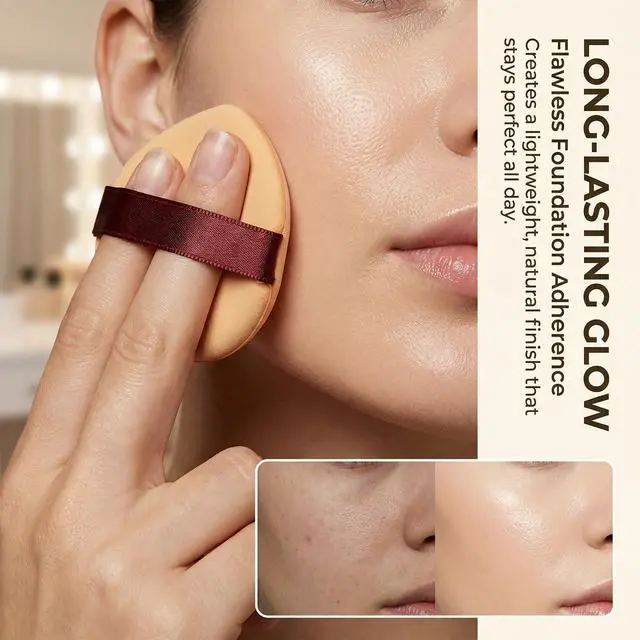 Alt view image 3 of 6 - Leather-Surfaced Powder Puffs, 3PCS Teardrop Shape Soft Sponge 2.16x1.78 Inches Ideal for Liquid, Cream, and Cushion Foundations