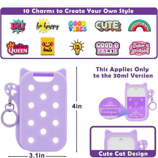 Alt view image 7 of 7 - Cute Cat Silicone Case Compatible with Touchland Hand Sanitizer Spray with Keychain & 10 Charms - Protective Holder for Touchland Power Mist & Glow Mist 1 FL Oz/30ML, Travel Accessory (Pink)