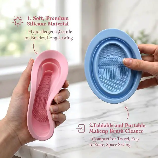 Alt view image 2 of 7 - 2Pcs Foldable Silicone Makeup Brush Cleaner Bowl - Portable Cosmetic Brush Cleaning Tool for Makeup Brushes, Powder Puffs, and Sponges, Deep Clean Brush Washer for Travel and Home Use (Pink,Blue)