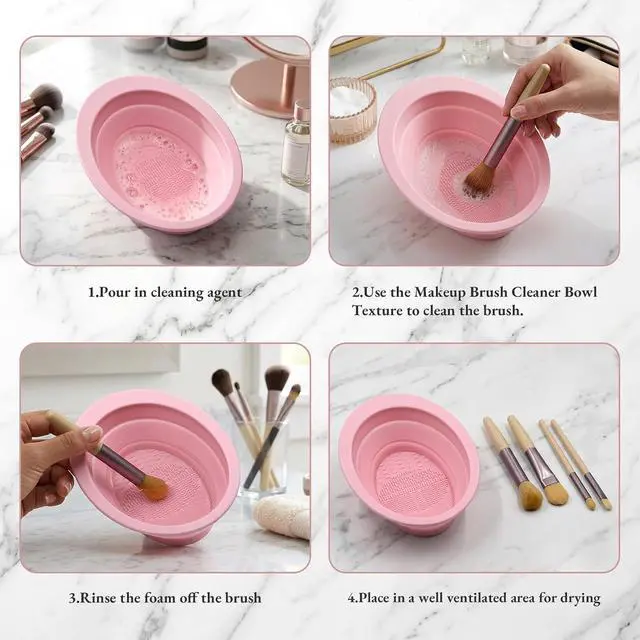 Alt view image 3 of 7 - 2Pcs Foldable Silicone Makeup Brush Cleaner Bowl - Portable Cosmetic Brush Cleaning Tool for Makeup Brushes, Powder Puffs, and Sponges, Deep Clean Brush Washer for Travel and Home Use (Pink,Blue)