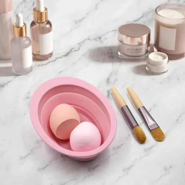 Alt view image 7 of 7 - 2Pcs Foldable Silicone Makeup Brush Cleaner Bowl - Portable Cosmetic Brush Cleaning Tool for Makeup Brushes, Powder Puffs, and Sponges, Deep Clean Brush Washer for Travel and Home Use (Pink,Blue)