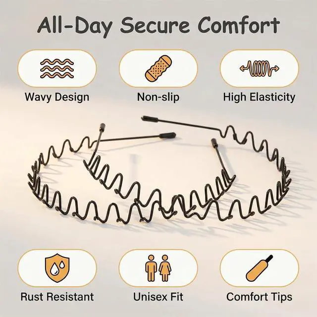 Alt view image 2 of 7 - 2pcs Metal Hair Band for Men, Wavy NonSlip Elastic Headband, RustResistant Black Metal Hair Hoop with Soft Tips, Unisex Headband for Long, Thick or Curly Hair, Sports & Daily Styling