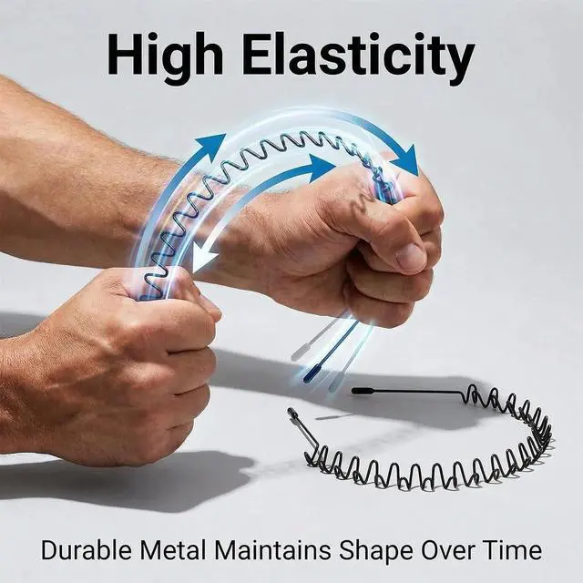 Alt view image 4 of 7 - 2pcs Metal Hair Band for Men, Wavy NonSlip Elastic Headband, RustResistant Black Metal Hair Hoop with Soft Tips, Unisex Headband for Long, Thick or Curly Hair, Sports & Daily Styling