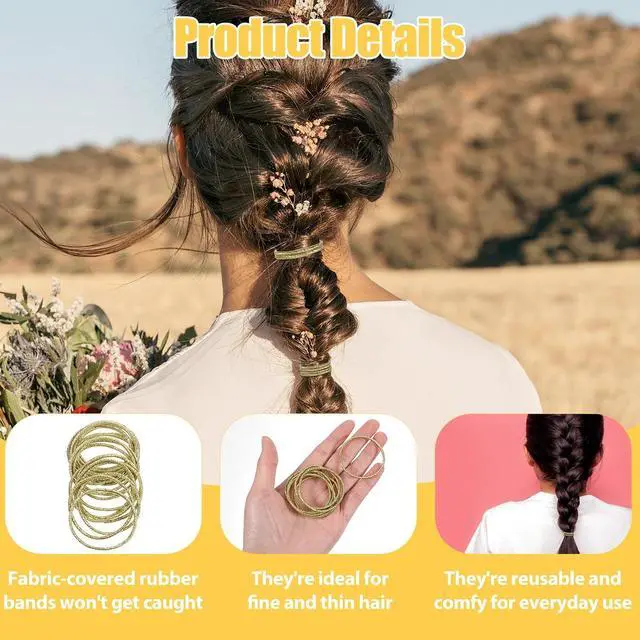 Alt view image 2 of 7 - 50 Pcs Gold Hair Ties, Thin Elastic Gold Hair Rubberbands, 2mm Small Rubber Ponytail Elastic Bands Shimmer Mini Ropes, No Damage No Metal