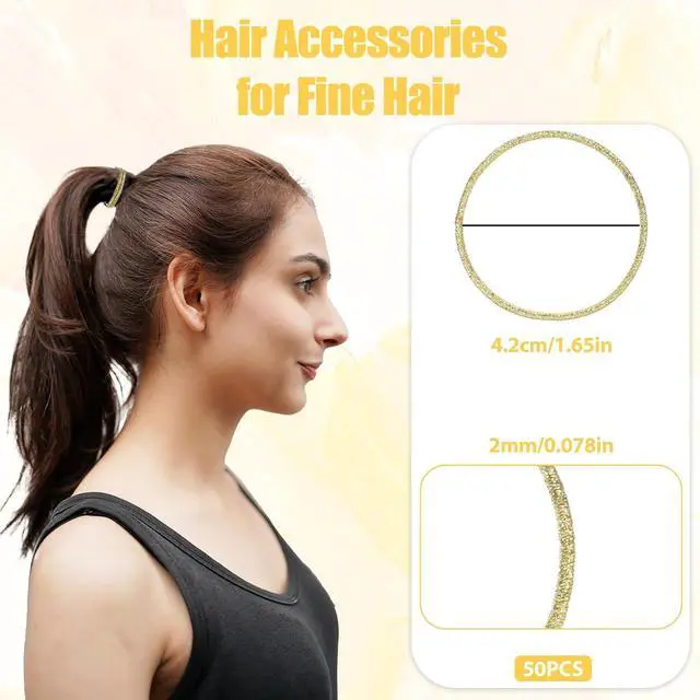 Alt view image 3 of 7 - 50 Pcs Gold Hair Ties, Thin Elastic Gold Hair Rubberbands, 2mm Small Rubber Ponytail Elastic Bands Shimmer Mini Ropes, No Damage No Metal