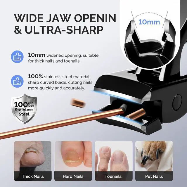 Alt view image 3 of 7 - MelodySusie Wide Jaw Opening Nail Clippers, Toenail Clippers for Seniors Thick Nails, Angled Head Large Nail Clippers for Men Women with Nail File, Fingernail Cutter with Catcher Long Handle, Black