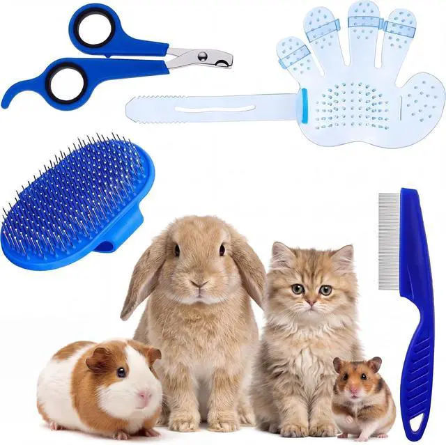 Main image of Patelai 4 Pieces Bunny Grooming Kit Rabbit Nail Clipper Rabbit Brush Hair Remover Shampoo Brush with Adjustable Ring Handle for Rabbits Guinea Pig Hamsters Puppy Kitten Hamster Ferret(Blue)
