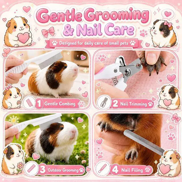 Alt view image 3 of 7 - Guinea Pig Brush Kit Hamster Cleaning Grooming Comb with Nail Clipper Trimmer, Nail Files - Professional Small Animal Grooming Tool for Rabbit, Bunny, Puppy, Kitten, Ferret