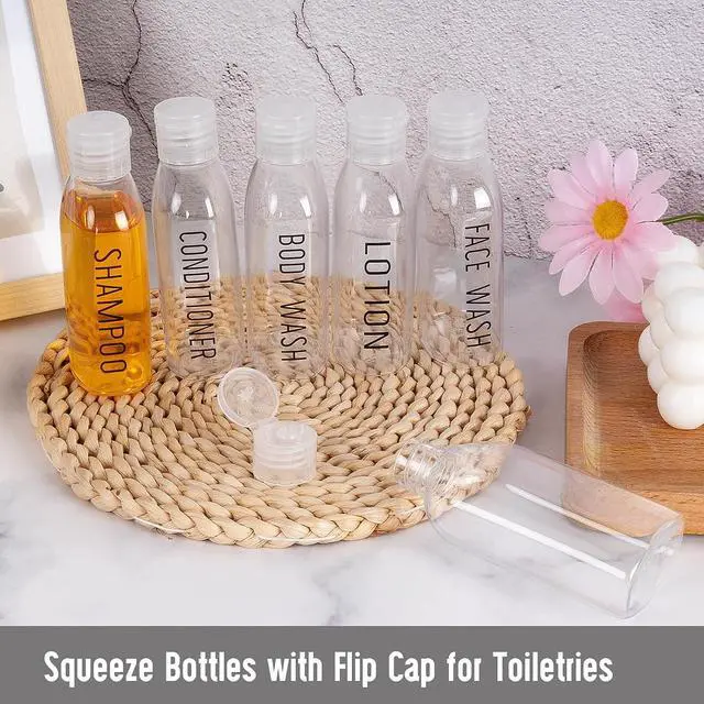 Alt view image 2 of 6 - 3.4 oz Clear PET Travel Bottles for Toiletries 6-Pack | Reusable, Thick, Tight-Sealing Flip Caps, Print on Label, Permanent Identification Stays, 2 Label Sheets, for Toiletries