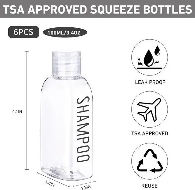 Alt view image 3 of 6 - 3.4 oz Clear PET Travel Bottles for Toiletries 6-Pack | Reusable, Thick, Tight-Sealing Flip Caps, Print on Label, Permanent Identification Stays, 2 Label Sheets, for Toiletries