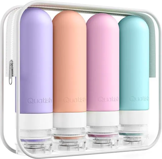Main image of Quatish Travel Bottles for Toiletries, Original Patented Leak Proof Travel Size Toiletries, 3 oz Tsa Approved Silicone Shampoo and Conditioner Bottles, Travel Essentials, 4 Pack, Pink