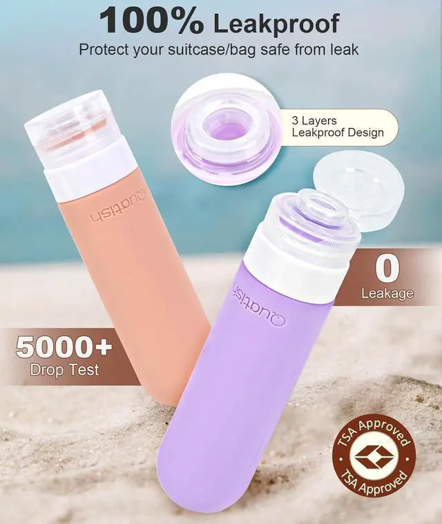 Alt view image 2 of 6 - Quatish Travel Bottles for Toiletries, Original Patented Leak Proof Travel Size Toiletries, 3 oz Tsa Approved Silicone Shampoo and Conditioner Bottles, Travel Essentials, 4 Pack, Pink