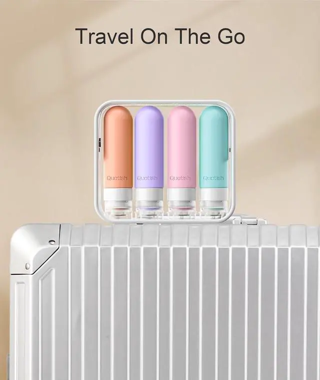 Alt view image 6 of 6 - Quatish Travel Bottles for Toiletries, Original Patented Leak Proof Travel Size Toiletries, 3 oz Tsa Approved Silicone Shampoo and Conditioner Bottles, Travel Essentials, 4 Pack, Pink