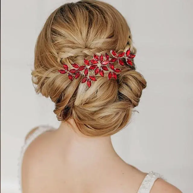 Alt view image 4 of 7 - Red Wedding Crystal Hair Comb Elegant Bridal Wedding Hair Piece Teardrop Crystal Rhinestone Hair Accessories for Women Prom Party Photography