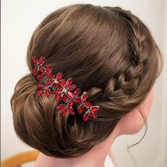 Alt view image 5 of 7 - Red Wedding Crystal Hair Comb Elegant Bridal Wedding Hair Piece Teardrop Crystal Rhinestone Hair Accessories for Women Prom Party Photography