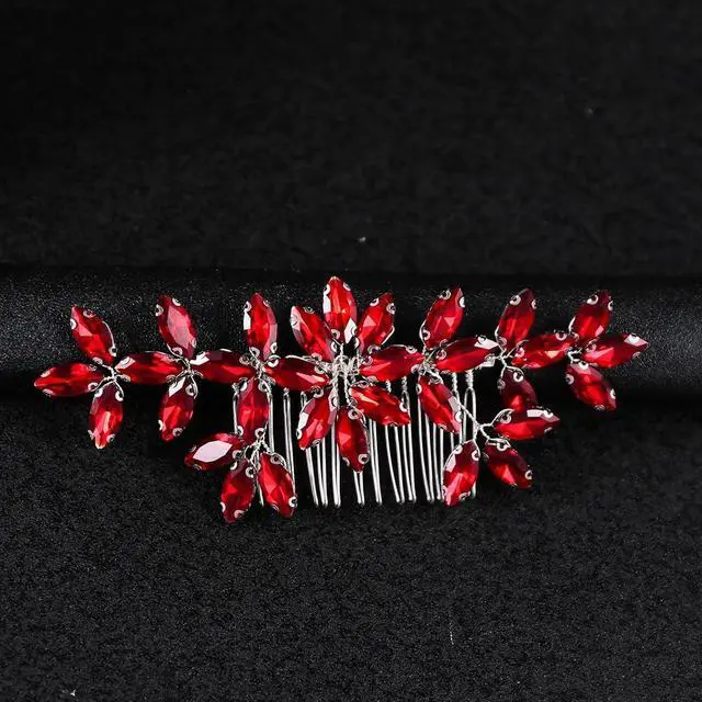 Alt view image 6 of 7 - Red Wedding Crystal Hair Comb Elegant Bridal Wedding Hair Piece Teardrop Crystal Rhinestone Hair Accessories for Women Prom Party Photography