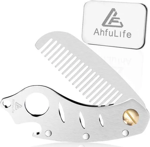 Main image of AhfuLife Stainless Steel Metal Hair & Beard Comb, Multifunctional Folding EDC Pocket Comb With Bottle Opener Fits In Keychain - Anti-Static Hair & Beard Care Comb Mustache Comb - Presented in Gift Box