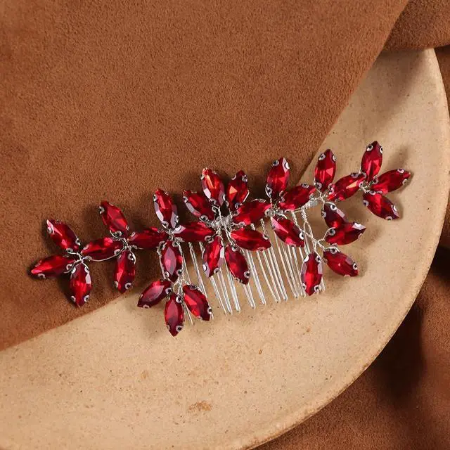 Alt view image 7 of 7 - Red Wedding Crystal Hair Comb Elegant Bridal Wedding Hair Piece Teardrop Crystal Rhinestone Hair Accessories for Women Prom Party Photography
