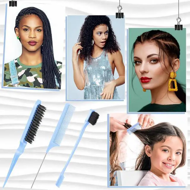 Alt view image 7 of 7 - Geiserailie 3 Pcs Slick Back Hair Brush Set Bristle Brush, Light Blue | Edge Control Teasing Comb for Women Black Hair