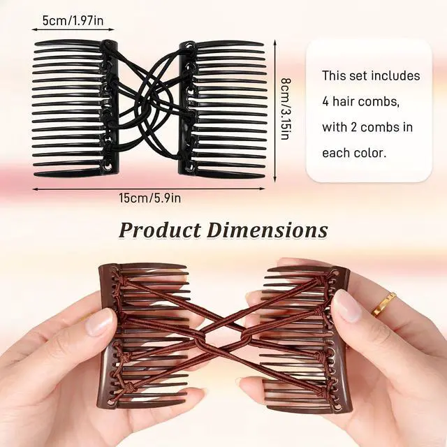 Alt view image 2 of 7 - 4PCS Adjustable Elastic Double Comb Hair Clips(Black & Coffee), No-Crease Stretchy Hair Pins for Women, Secure Ponytail Holders for Curly, Thick & Wavy Hair