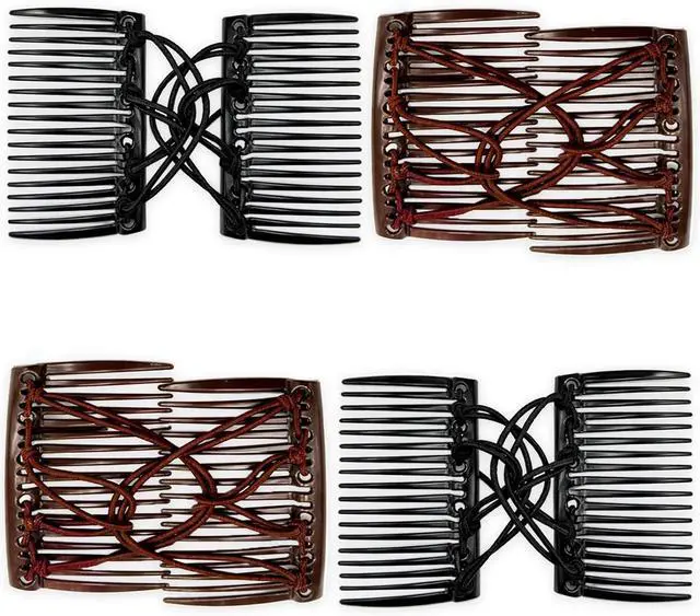 Main image of 4PCS Adjustable Elastic Double Comb Hair Clips(Black & Coffee), No-Crease Stretchy Hair Pins for Women, Secure Ponytail Holders for Curly, Thick & Wavy Hair
