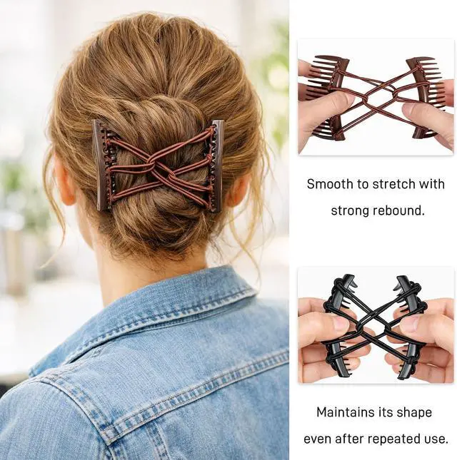 Alt view image 3 of 7 - 4PCS Adjustable Elastic Double Comb Hair Clips(Black & Coffee), No-Crease Stretchy Hair Pins for Women, Secure Ponytail Holders for Curly, Thick & Wavy Hair