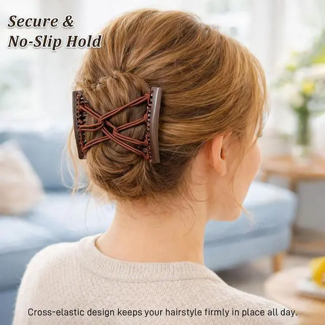 Alt view image 4 of 7 - 4PCS Adjustable Elastic Double Comb Hair Clips(Black & Coffee), No-Crease Stretchy Hair Pins for Women, Secure Ponytail Holders for Curly, Thick & Wavy Hair