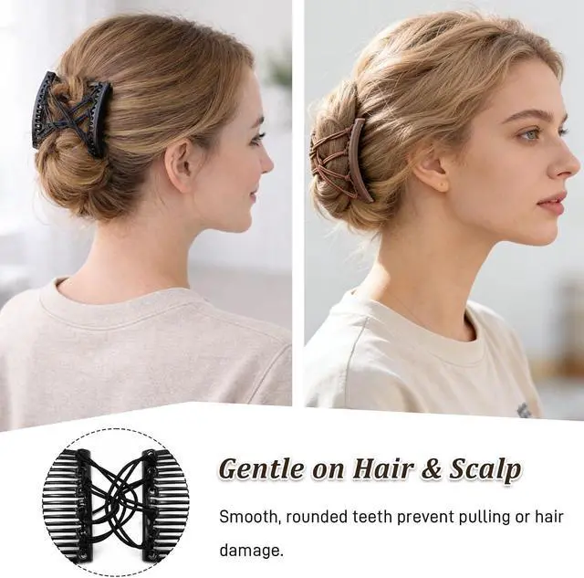 Alt view image 6 of 7 - 4PCS Adjustable Elastic Double Comb Hair Clips(Black & Coffee), No-Crease Stretchy Hair Pins for Women, Secure Ponytail Holders for Curly, Thick & Wavy Hair