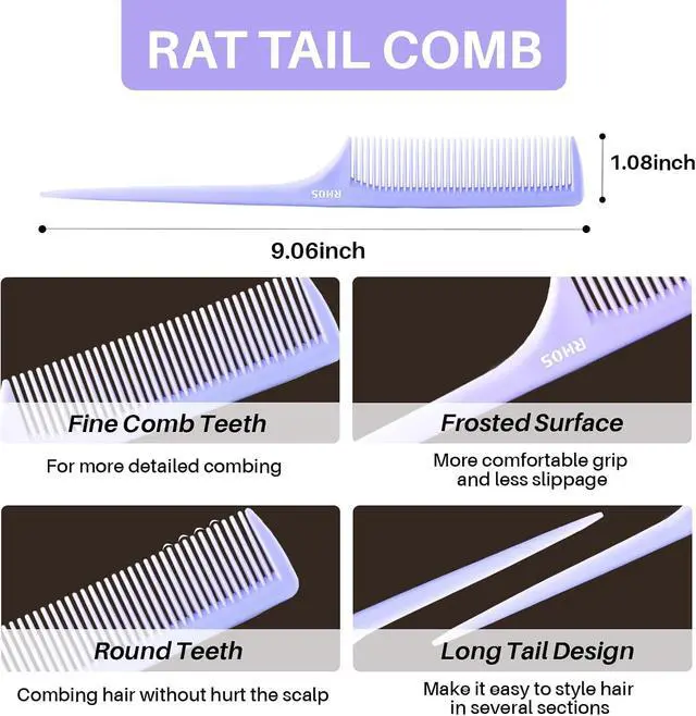 Alt view image 6 of 7 - RHOS Rat Tail Comb for Parting, Fine Tooth Teasing Comb with Pick, 2 Pack Hair Styling Combs Set for Women and Men, Pink & Purple, Plastic, Unisex