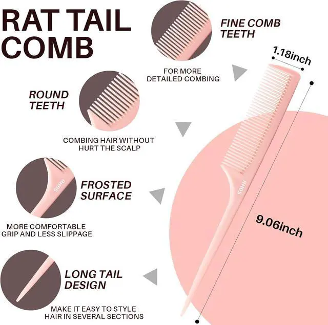 Alt view image 7 of 7 - RHOS Rat Tail Comb for Parting, Fine Tooth Teasing Comb with Pick, 2 Pack Hair Styling Combs Set for Women and Men, Pink & Purple, Plastic, Unisex