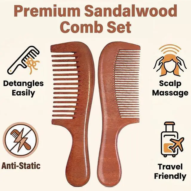 Alt view image 3 of 7 - 2 Pcs Sandalwood Hair Comb Set Wide and Fine Tooth Wooden Comb for Women Men, Anti-static Detangling Wood Comb for Curly Fine Frizzy Wet Dry Hair