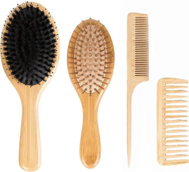 Main image of 4 PCS Bamboo Hair Brushes Set,Boar Bristle and Detangling Combs,Hair Care Tools with Natural Bristles, Birthday Gift for Family Friend Women Men Mother Hairbrush Kit