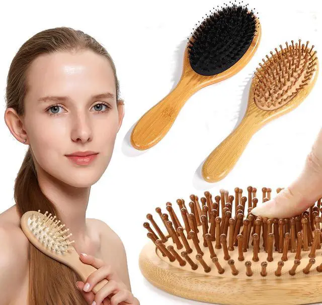 Alt view image 5 of 6 - 4 PCS Bamboo Hair Brushes Set,Boar Bristle and Detangling Combs,Hair Care Tools with Natural Bristles, Birthday Gift for Family Friend Women Men Mother Hairbrush Kit