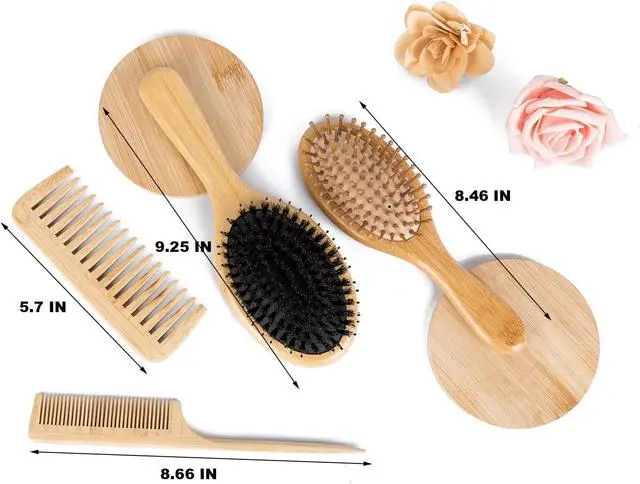 Alt view image 6 of 6 - 4 PCS Bamboo Hair Brushes Set,Boar Bristle and Detangling Combs,Hair Care Tools with Natural Bristles, Birthday Gift for Family Friend Women Men Mother Hairbrush Kit