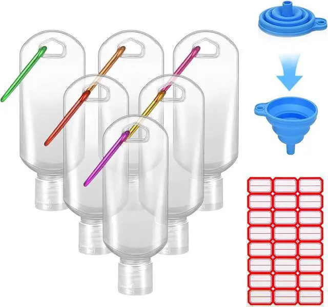 Main image of HATTIE 6 Pack Travel Plastic Clear Keychain Bottles 50ml/2oz Portable Leakproof Squeeze Small Bottles With Flip Cap Refillable Empty Containers for Lotion Soap Toiletry