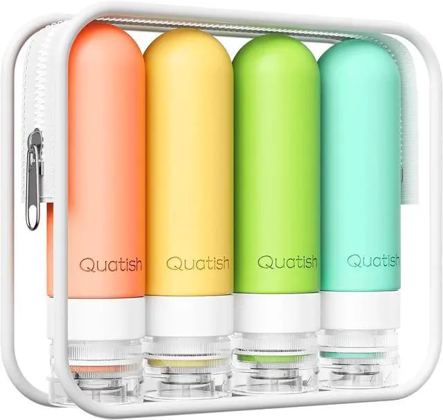 Main image of Quatish Travel Bottles for Toiletries, Original Patented Leak Proof Travel Size Containers, 3 oz Tsa Approved Silicone Shampoo and Conditioner Bottles, 4 Pack, Multi-Color