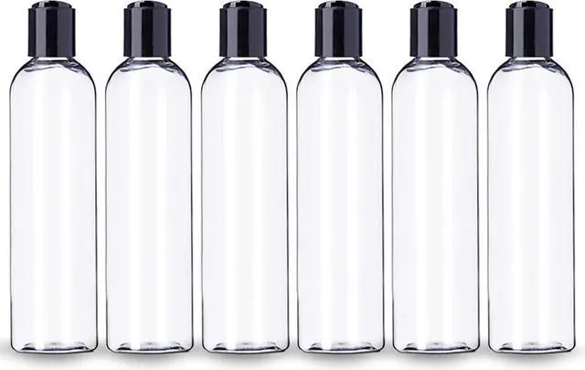 Main image of ljdeals 8 oz Clear Plastic Empty Bottles with Black Disc Top Caps, Refillable Containers for Shampoo, Lotions, Cream and More Pack of 6, BPA Free, Made in USA