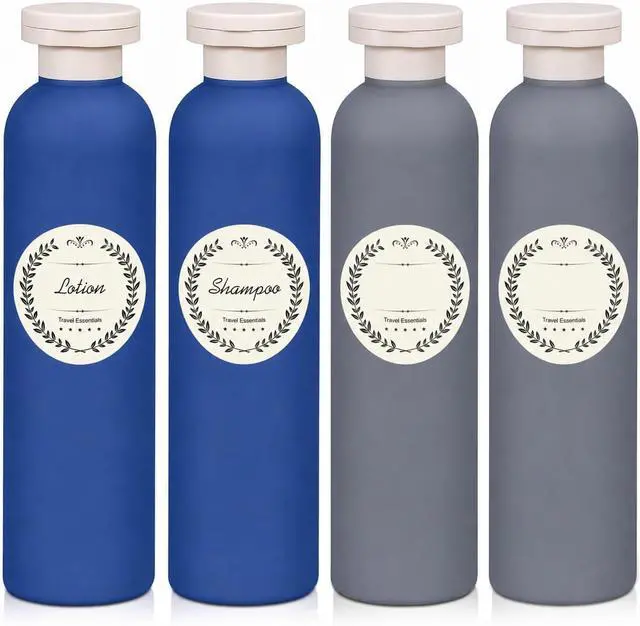 Main image of METAPACK 4Pack 8.8oz Travel Shampoo Bottles with Labels, Refillable Travel Bottles, Flip Top Squeeze Bottles, Portable Plastic Toiletry Containers for Lotion, Conditioner & Body Wash(dark bule, grey)
