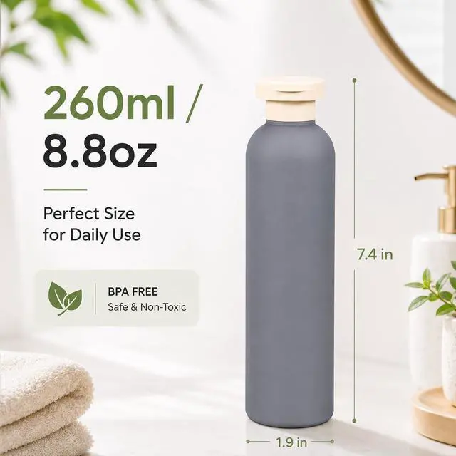 Alt view image 2 of 7 - METAPACK 4Pack 8.8oz Travel Shampoo Bottles with Labels, Refillable Travel Bottles, Flip Top Squeeze Bottles, Portable Plastic Toiletry Containers for Lotion, Conditioner & Body Wash(dark bule, grey)