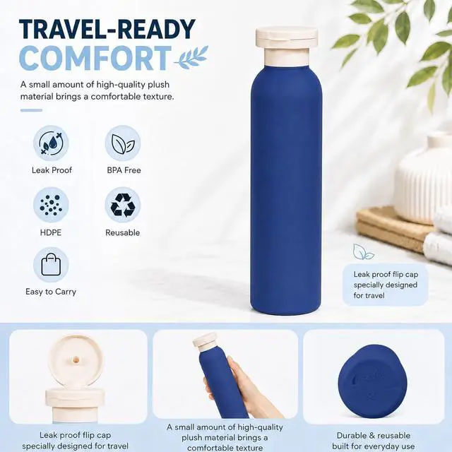 Alt view image 3 of 7 - METAPACK 4Pack 8.8oz Travel Shampoo Bottles with Labels, Refillable Travel Bottles, Flip Top Squeeze Bottles, Portable Plastic Toiletry Containers for Lotion, Conditioner & Body Wash(dark bule, grey)