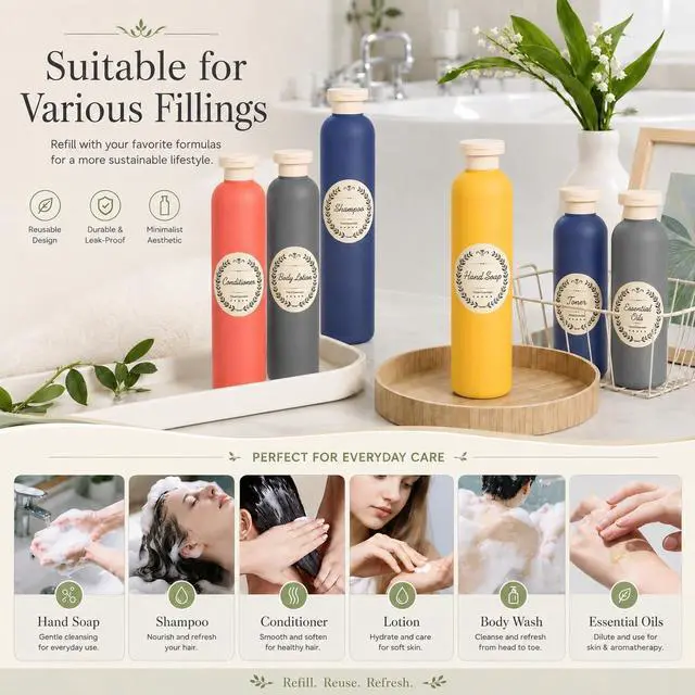 Alt view image 7 of 7 - METAPACK 4Pack 8.8oz Travel Shampoo Bottles with Labels, Refillable Travel Bottles, Flip Top Squeeze Bottles, Portable Plastic Toiletry Containers for Lotion, Conditioner & Body Wash(dark bule, grey)