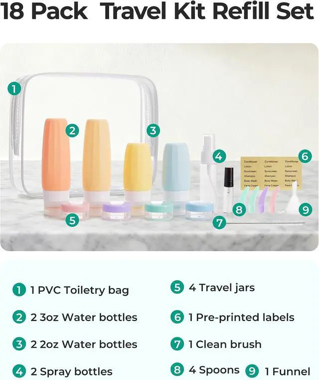 Alt view image 2 of 7 - BAGSMART 18 Pack TSA Approved Travel Bottles for Toiletries, Leak Proof Silicone Travel Size Containers Bottles for Shampoo, Purple
